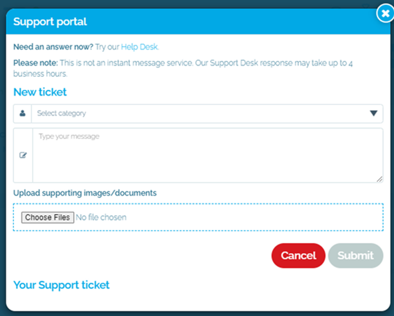 snip of fasta customer support portal to submit ticket
